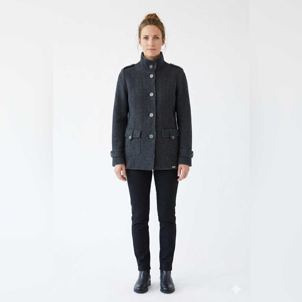 Geiger Austria Grey Boiled Wool Jacket Mock Neck Button Coat Women’s EU 40 US M